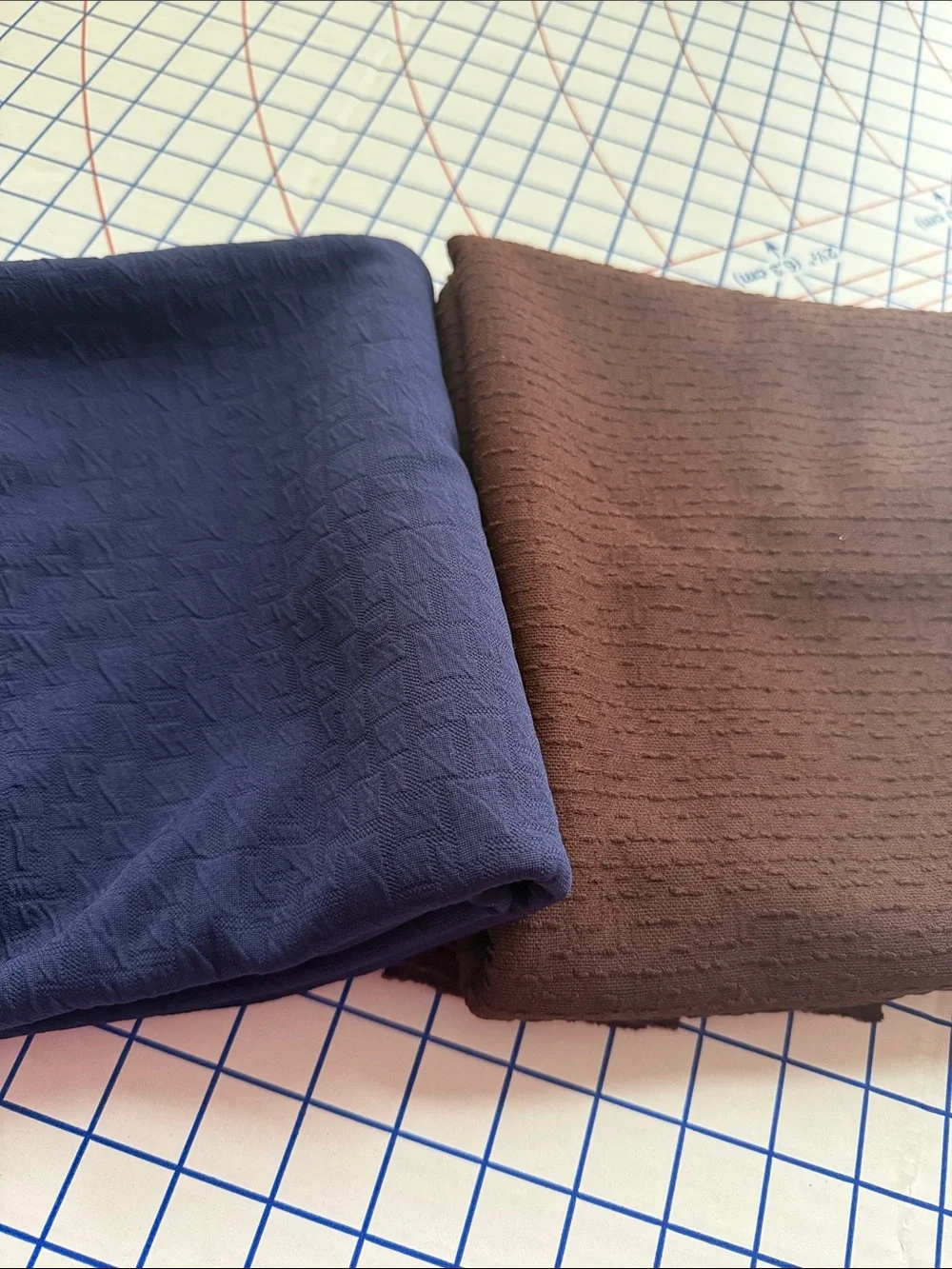 2 Textured Polyester Fabric Remnants Navy Stretch & Brown Textured Woven 1980s